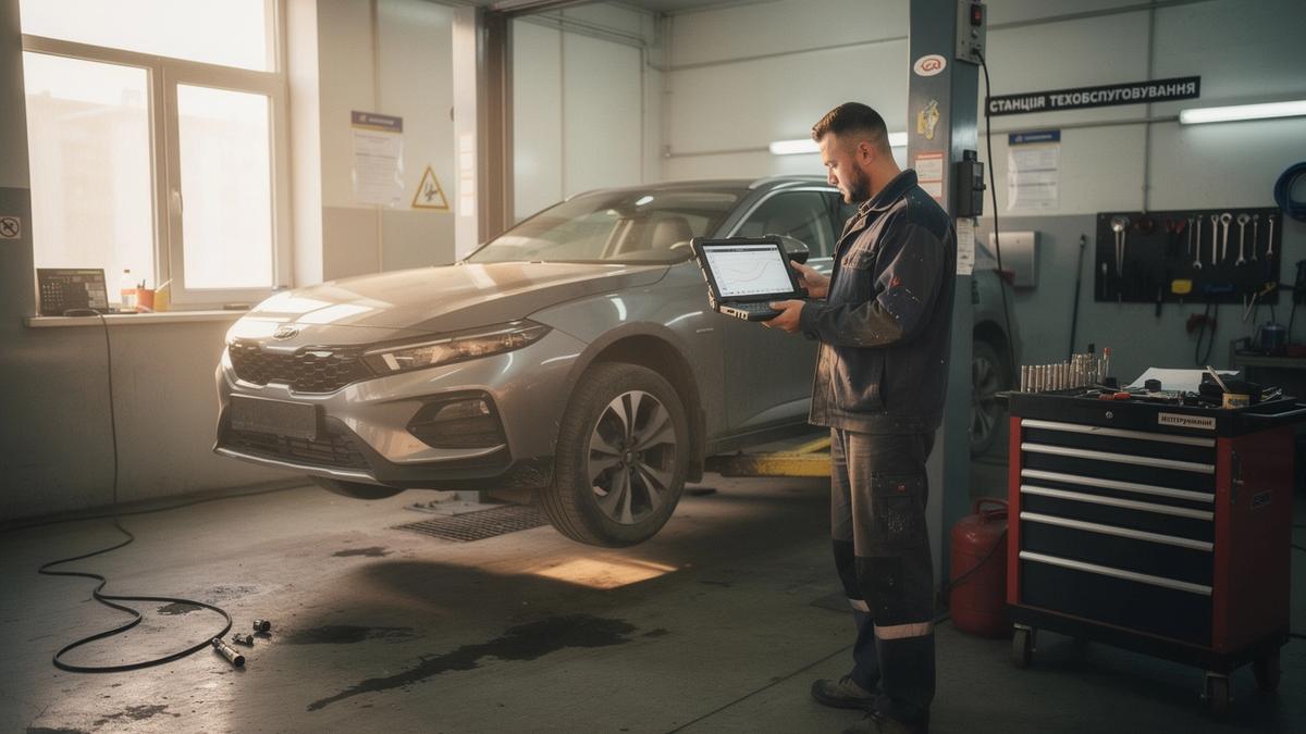 Technician reading fault codes on a diagnostic tablet beside a car on a workshop lift